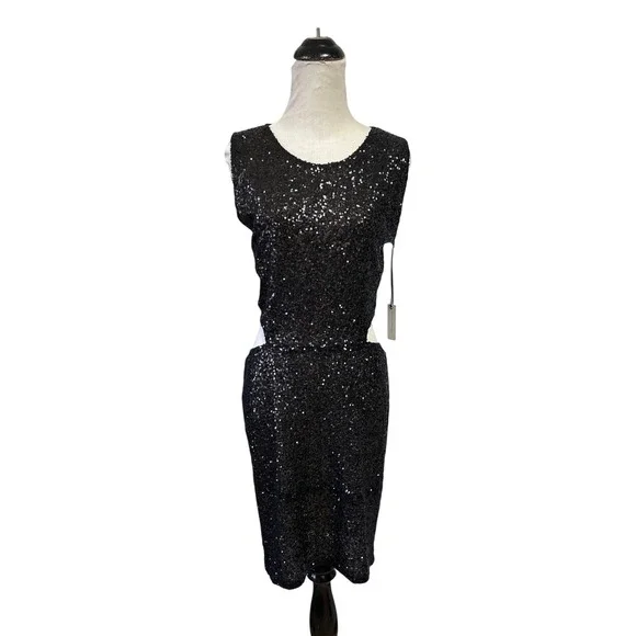 Lovers + Friends Black Sequin Cutout Midi Dress Sleeveless Bodycon Glam L NWT - Picture 2 of 10
